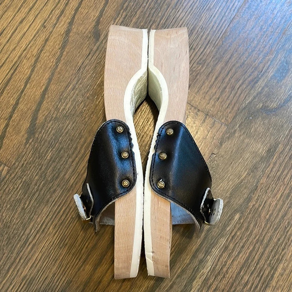 DR SCHOLLS Vintage 1980s black leather wooden The Original Sandal Exercise - Picture 8 of 14